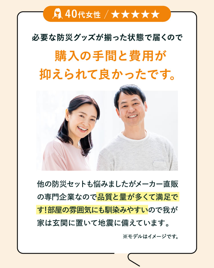 必要な防災グッズが揃った状態で届くので購入の手間と費用が抑えられて良かったです。