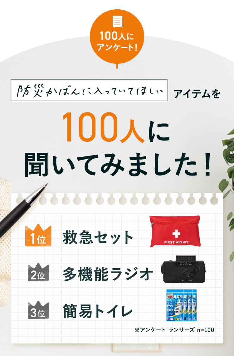 防災かばんに入っていてほしいアイテムを100人に聞いてみました！